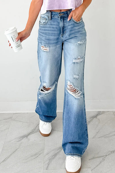 Chic Women's Classic Blue Mid Rise Distressed Straight Leg Jeans for Everyday Comfort and Style