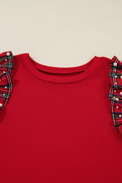 Women's Plus Size Racing Red Ruffle Sleeve Top with Plaid Accents made for easy styling and wardrobe coordination, with premium-like structure and