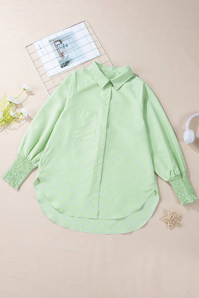 Women's Grass Green Pinstripe Button-Up with Smocked Cuffs