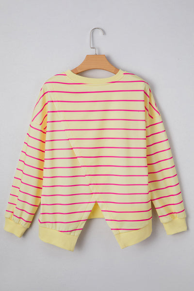 Trendy Plus Size Women's Yellow Stripe Sweatshirt with Split Back & Drop Shoulders for Ultimate Comfort and Style
