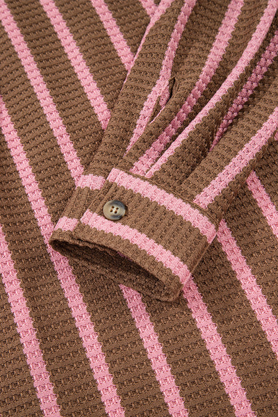 Trendy Women's Multicolor Striped Knit Shacket with Contrast Patchwork, Button Pockets, and Stylish Raw Hem
