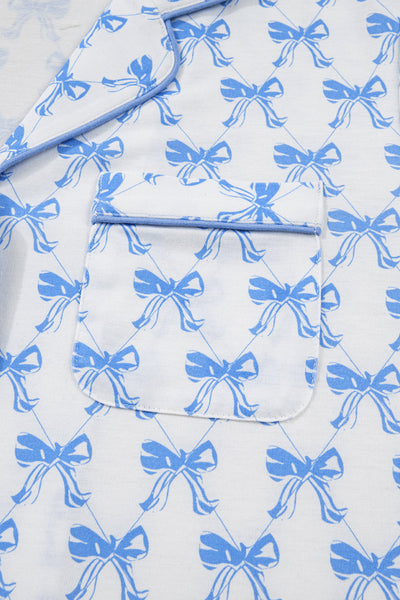 Soft Sky Blue Bow Print Long Sleeve Pajama Set for Women - Cozy Sleepwear Top and Bottom for Ultimate Comfort