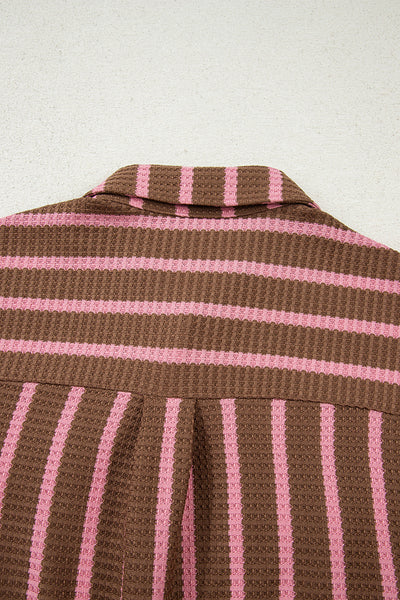 Trendy Women's Multicolor Striped Knit Shacket with Contrast Patchwork, Button Pockets, and Stylish Raw Hem
