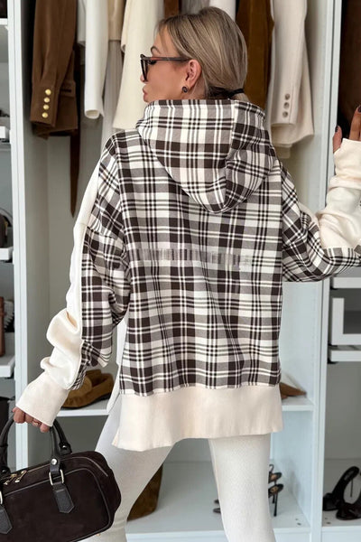 Trendy Women's Beige Plaid Patchwork Sweatshirt with Side Slit - Cozy Casual Fall Fashion Essential