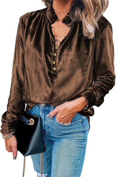 Women's Frilled Neck Velvet Top in Desert Palm Chic, Comfortable Blouse for Everyday Elegance and Versatile Style