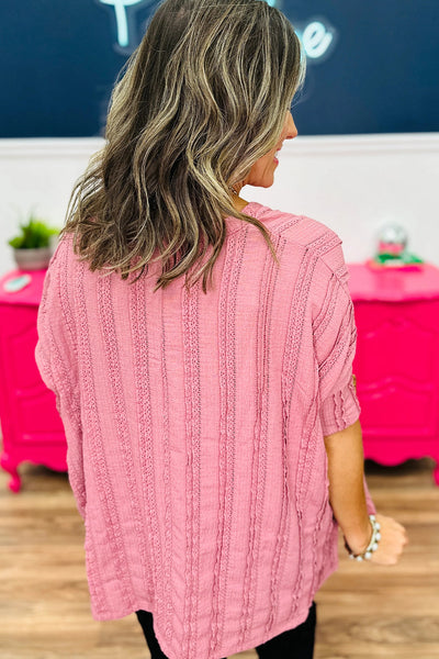 Elegant Women's Peach Blossom Lacy Striped 3/4 Sleeve Dolman Blouse - Chic Lightweight Top for Spring & Summer Styles