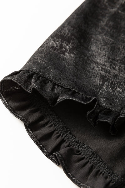 Trendy Women's Black Metallic Frilled V-Neck Babydoll Blouse with Puff Sleeves Chic Style for Every Occasion