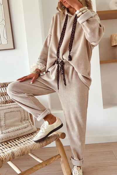 Women's Parchment Lace & Leopard Print Hoodie with Drawstring and High Waist Corduroy Pants Set for Stylish Comfort