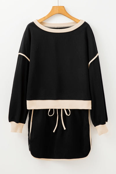 Stylish Women's Black Contrast Pullover & Lace-Up Waist Skort Set for Effortless Casual Elegance and Comfortable Fit