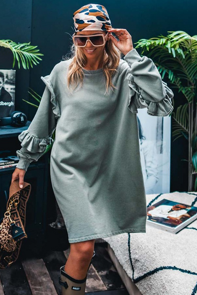 Women's Haze Blue Ruffled Mini Dress - Comfortable Long Sleeve Shift for Effortless Chic Style