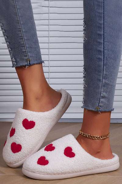 Women's Cozy White Heart Print Plush Slippers Cute and Comfy Valentine's Day Gift for Relaxing at Home