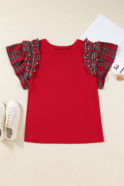 Women's Plus Size Racing Red Ruffle Sleeve Top with Plaid Accents made for easy styling and wardrobe coordination, with premium-like structure and