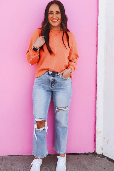 Women‚Äôs Blossom Pullover Sweatshirt with Pearled Sleeves, Drop Shoulder, and Round Neck Casual Chic in Soft Pink