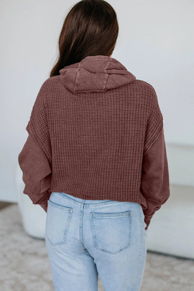Women's Mineral Wash Hoodie with Contrast Textured Patchwork and Kangaroo Pocket - Stylish Solid Color Pullover