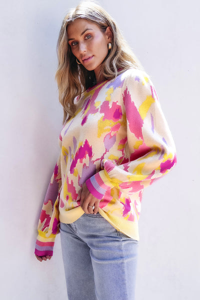 Cozy Women's Khaki Colorblock Balloon Sleeve Sweater with Abstract Print - Trendy Knit Top for Stylish Fall Outfits
