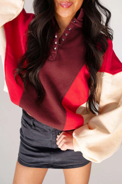 Women's Oversized Color Block Henley Sweatshirt in Crimson