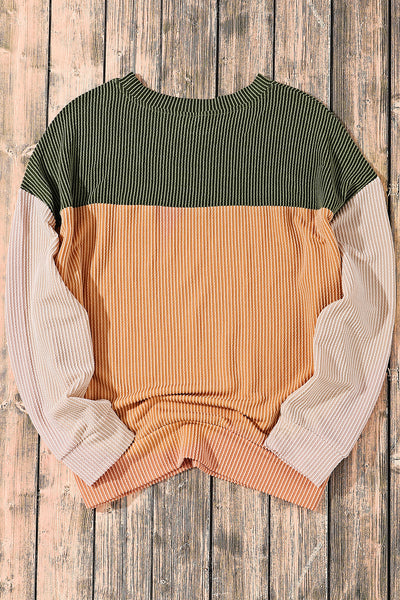 Stylish Women's Green Color Block Ribbed Long Sleeve Top - Relaxed Fit for Comfortable Everyday Casual Wear