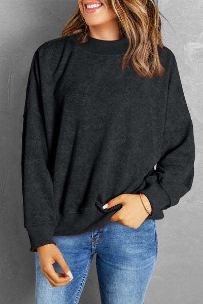 Cozy Women's Black Drop Shoulder Crew Neck Sweatshirt - Effortless Casual Pullover for Ultimate Comfort and Style