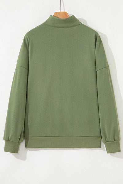 Women's Vineyard Green Contrast Striped Zip Collar Pullover Sweatshirt with Patchwork Design for Cozy Style