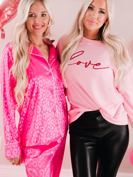 Leopard Satin Pink 2-Piece Pajama Lounge Set