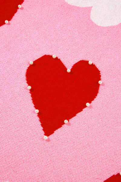 Cozy Women's Pink Heart Sweater with Pearl Embellishments - Cute Valentine's Day Gift in Comfortable Fit