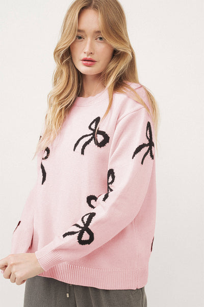 Cozy Light Pink Bow Pattern Knit Sweater for Women - Relaxed Fit Casual Top for Effortless Everyday Style