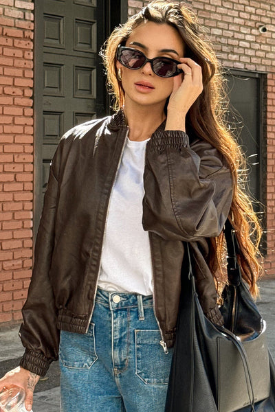 Chic Women's Dark Brown Faux Leather Bomber Jacket with Elastic Cuffs for a Trendy and Comfortable Fit