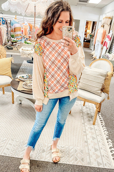 Women's Beige Floral Plaid Patchwork Knit Top with Textured Uneven Hem - Casual and Chic Everyday Wear