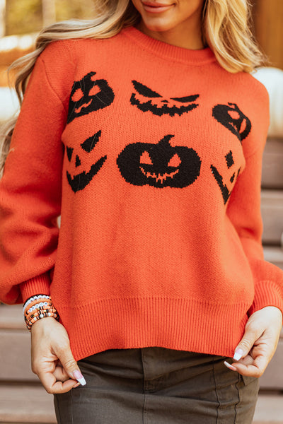 Women's Cozy Orange Pumpkin Face Sweater - Trendy Drop Shoulder Fall Fashion for Halloween Celebrations