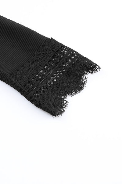 Women's Black Ribbed V-Neck Long Sleeve Top with Lace Trim Chic & Comfortable Everyday Essential for Stylish Looks