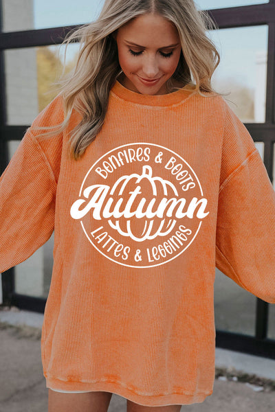 Women's Autumn Graphic Pumpkin Corduroy Sweatshirt in Rust Orange
