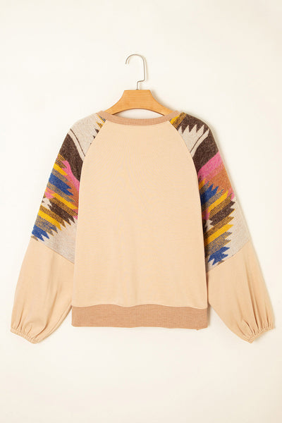 Women's Light Beige Sequin Rodeo Graphic Sweatshirt with Aztec Sleeves made for easy styling and wardrobe coordination, with premium-like structure
