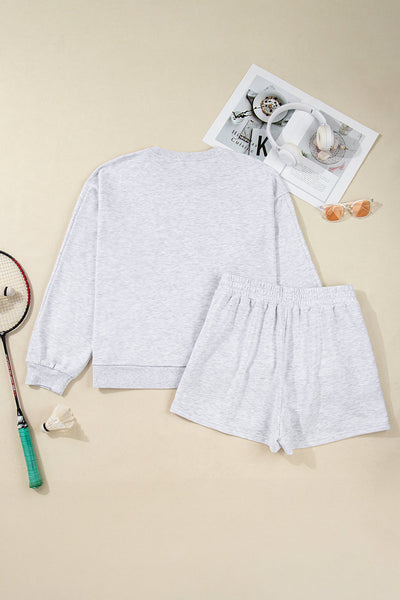 Light Grey Women's Casual 2-Piece Outfit: Bow-Embroidered Puff Sleeve Pullover with Loose-Fit Shorts