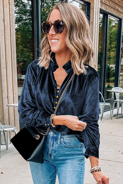 Chic Navy Blue Velvet Women's Top with Frilled Neck and Button Detail - Ideal for Casual and Dressy Events