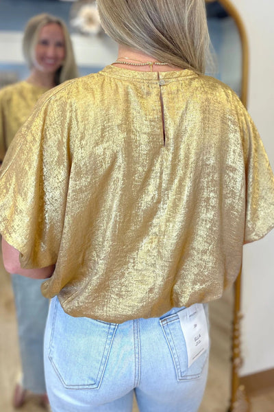 Women's Gold Metallic Puff Sleeve Blouse | Shimmering Relaxed Top