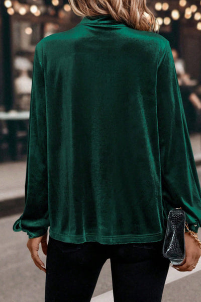Chic Women's Evergreen Velvet Long Sleeve Blouse with Asymmetric Button Keyhole Neckline for Effortless Style
