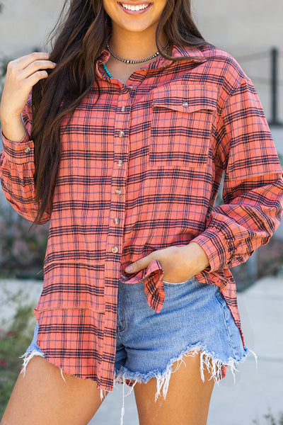Trendy Women's Red Plaid Long Sleeve Shirt with Side Split and Distressed Hem for Casual Chic Style