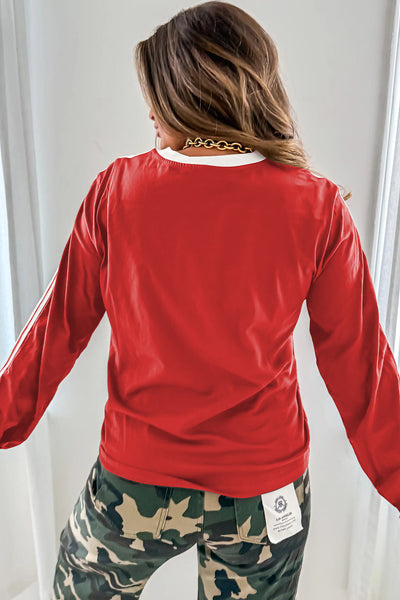 Women's Chic Fiery Red Long Sleeve Crew Neck T-Shirt with Varsity Stripes for Effortless Casual Style