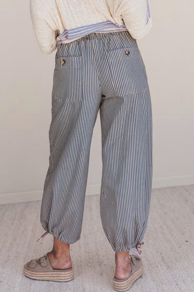 Women's Blue Ticking Stripe Wide-Leg Utility Jogger