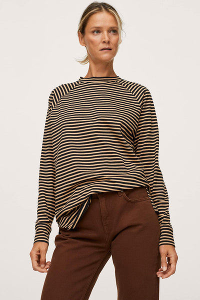 Women's Casual Chic Black Striped Long Sleeve Top with Side Splits - Loose Fit for Everyday Wear