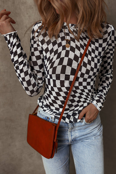 Trendy Women's Black Checkered Mesh Mock Neck Long Sleeve Top - Chic Style for Casual Outings and Everyday Wear