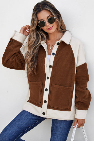 Women's Brown Color Block Fleece Shacket and Button-Down Shirt with practical styling and dependable silhouette control.