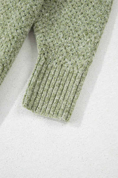 Women's Cozy Jungle Green Loose Eyelet V-Neck Sweater - Stylish Drop Shoulder Knitwear for Effortless Casual Chic