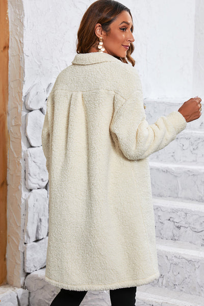Cozy Women's Beige Teddy Coat with Contrast Flap Pockets, Stylish Single Breasted Outerwear for Cold Weather