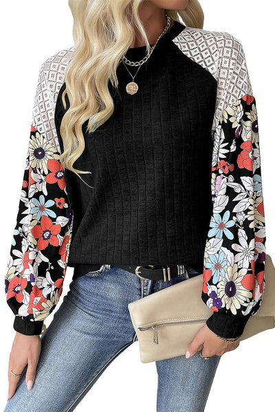 Elegant Women's Black Floral Patchwork Long Sleeve Blouse - Stylish Ribbed Top for Comfortable Everyday Wear