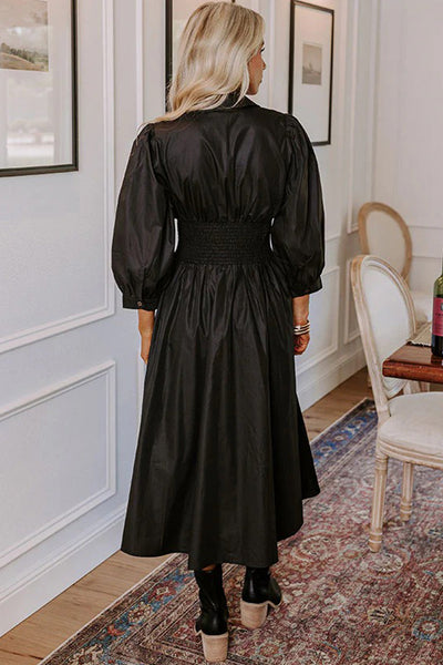 Chic Women's Black Fit and Flare Midi Dress with Smocked Waist and Zipped Front, Perfect for Any Occasion