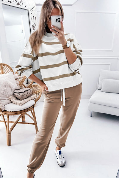 Women's Cozy Casual Chic Loungewear Set - Light French Beige Drop Shoulder Pullover & Jogger Pants for Ultimate Comfort