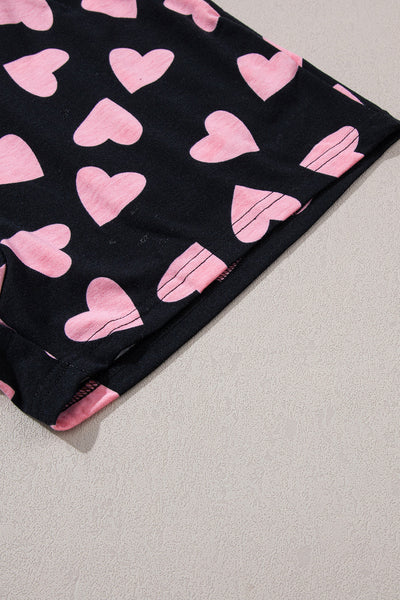 Women's Black Heart Print Long Sleeve Lounge Set with Shorts Adorable Cozy Valentine's Day Outfit for Women