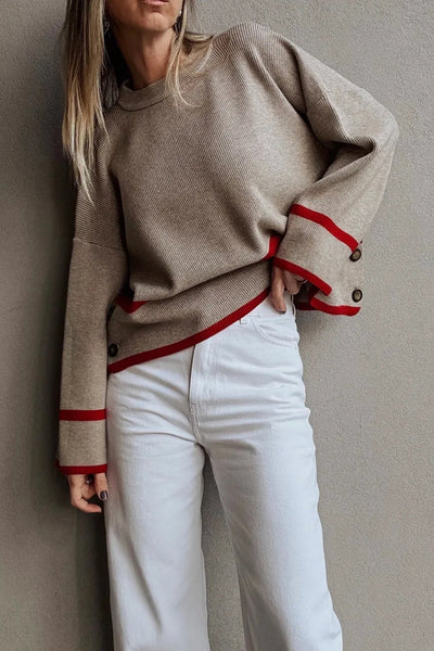 Cozy Relaxed Fit Taupe Ribbed Knit Sweater for Women with Button Side and Trendy Contrasting Stripes