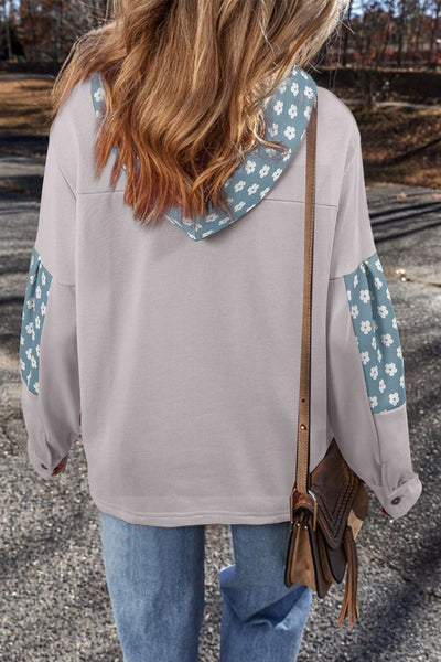 Women's Beau Blue Floral Patchwork Star Hoodie with Adjustable Drawstring - Stylish & Comfortable Casual Wear